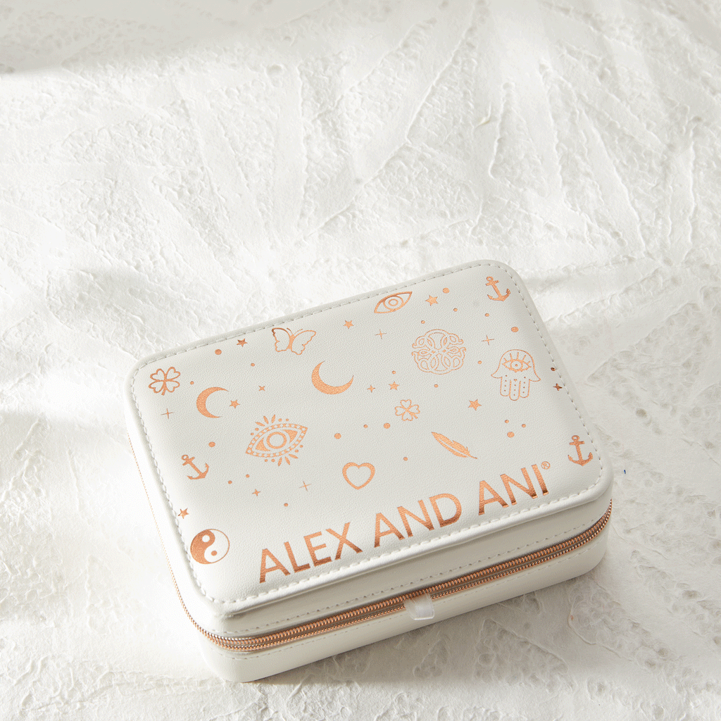 Geometric Leather Jewelry Case, White and Rose-Gold Travel Organizer