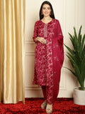 Elegant red Pashmina kurta set with floral digital prints, straight trousers, and matching dupatta.