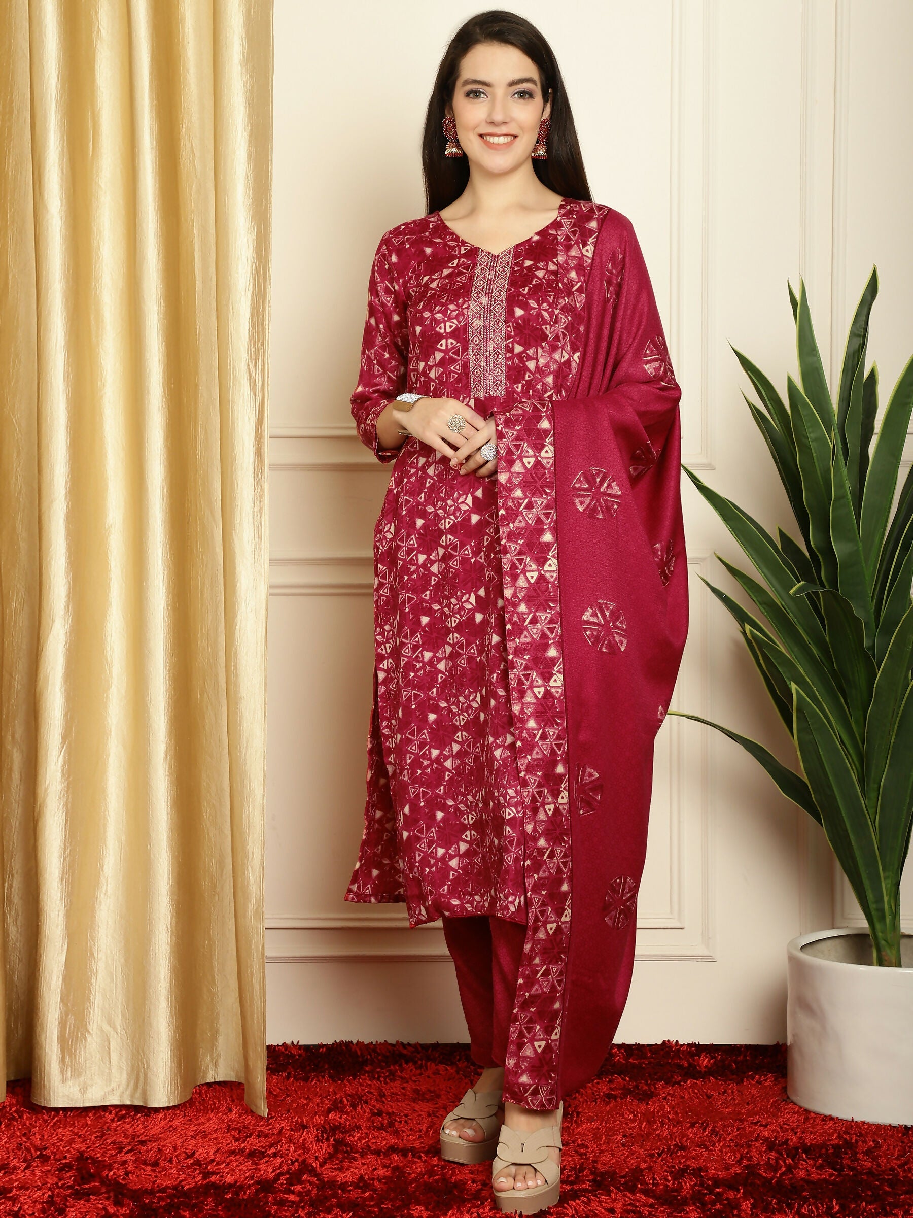 Elegant red Pashmina kurta set with floral digital prints, straight trousers, and matching dupatta.