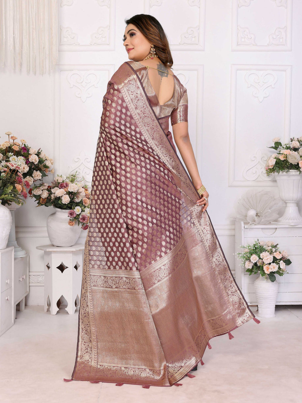 Dusty Rose Organza Silk Saree with Elegant Traditional Weaving