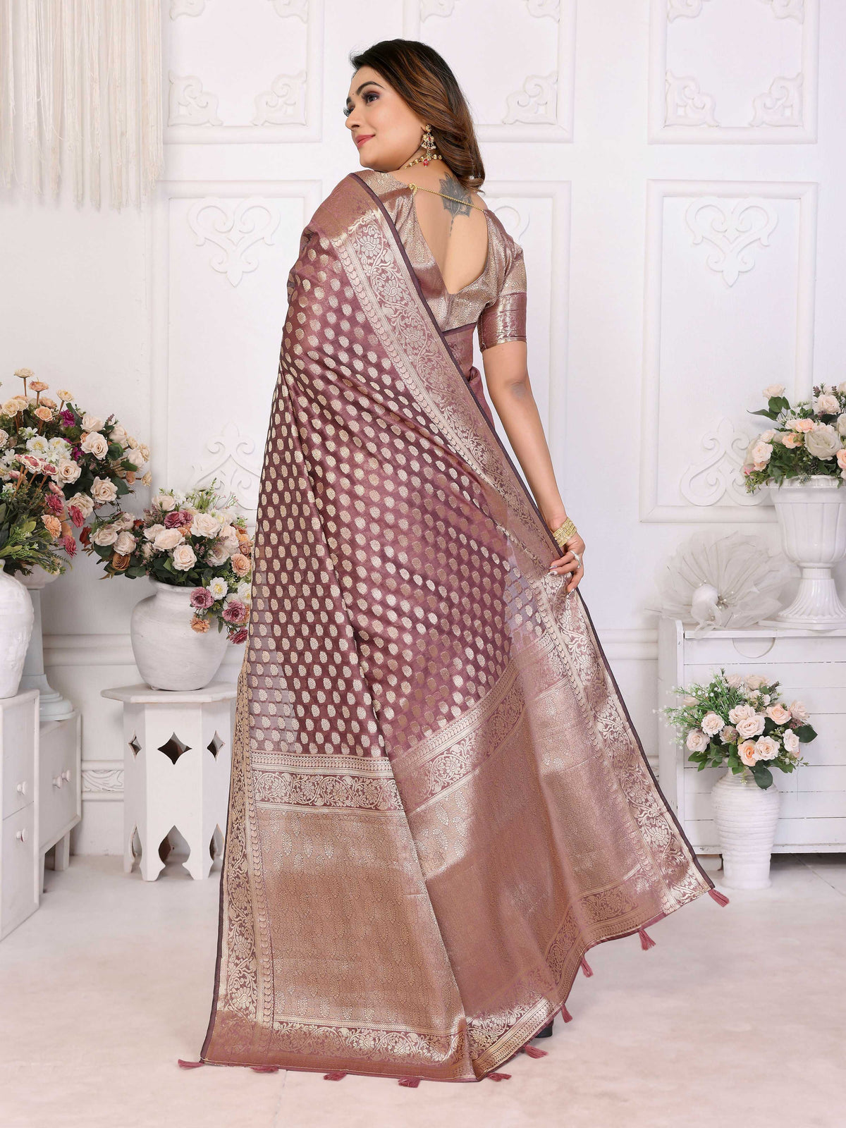Dusty Rose Organza Silk Saree with Elegant Traditional Weaving