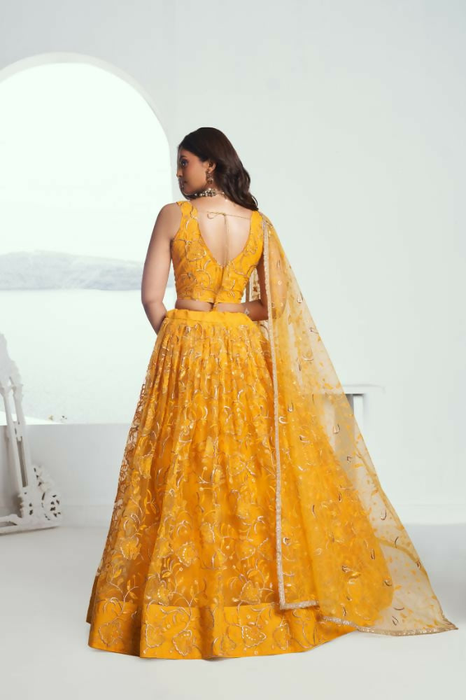 Yellow Butterfly Net Wedding Lehenga with Cotton Thread & Sequence