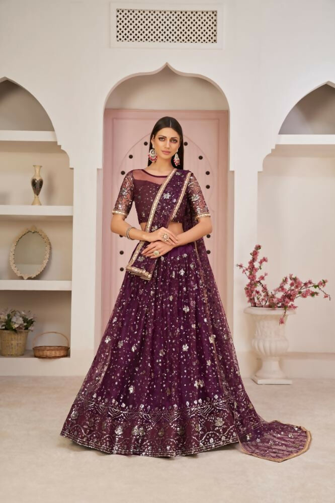 Wine Butterfly Net Lehenga with Zari and sandwich sequence embroidery