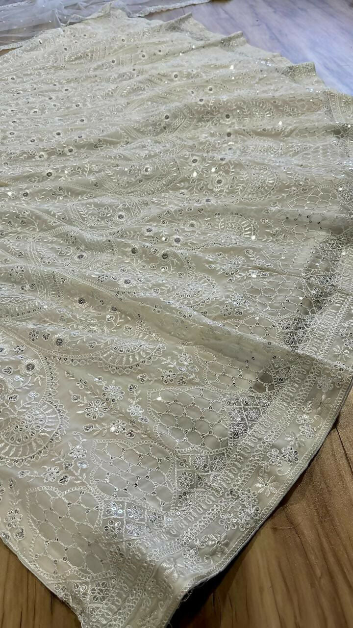 Off White Georgette Sequins Embroidered Designer Lehenga Set