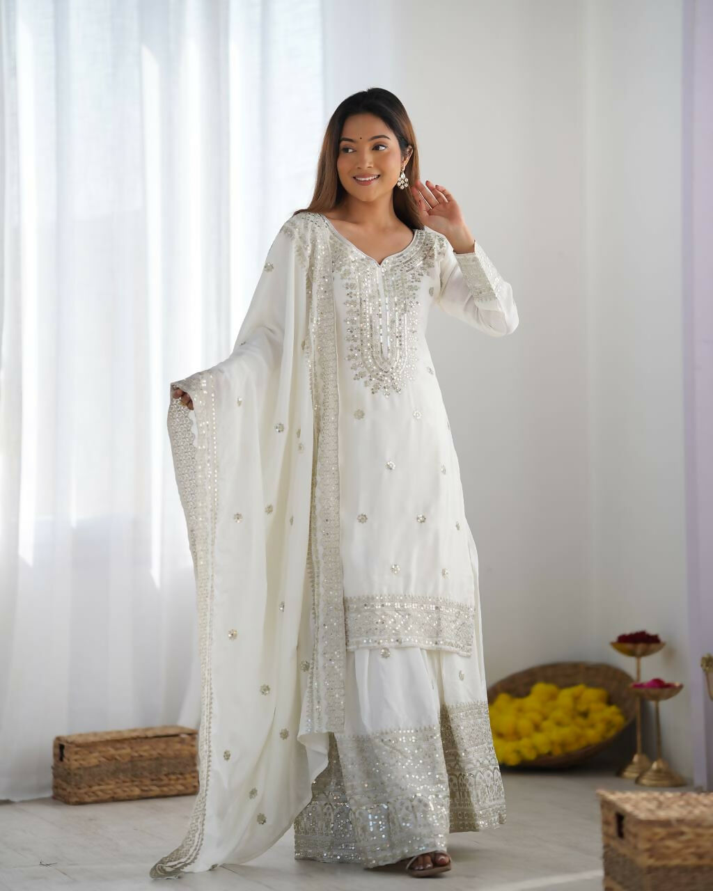 White Silk Kurta Set with Zari, Sequins & Thread Embroidery