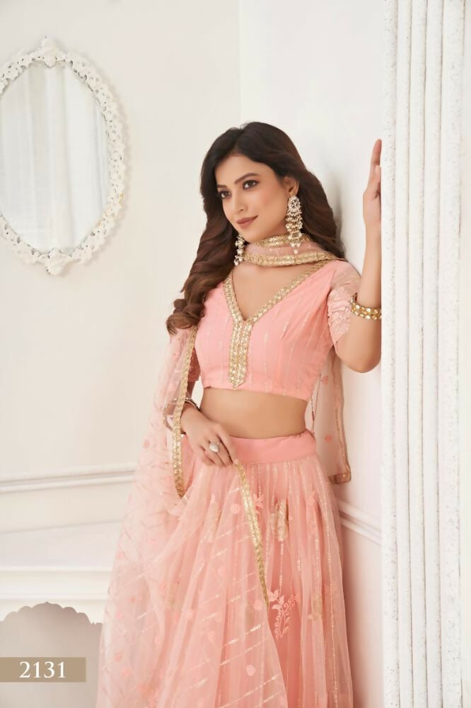 Peach Butterfly Net Lehenga with Tone-to-Tone Sequence Work