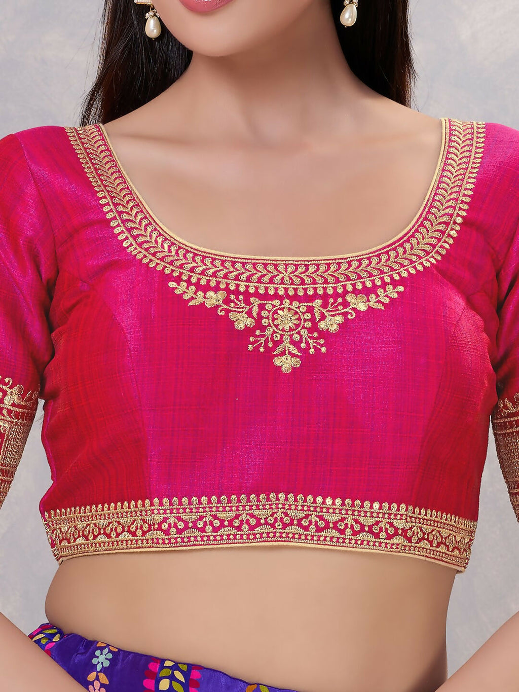 Dark-Pink Silk Stitched Blouse with Round Neck