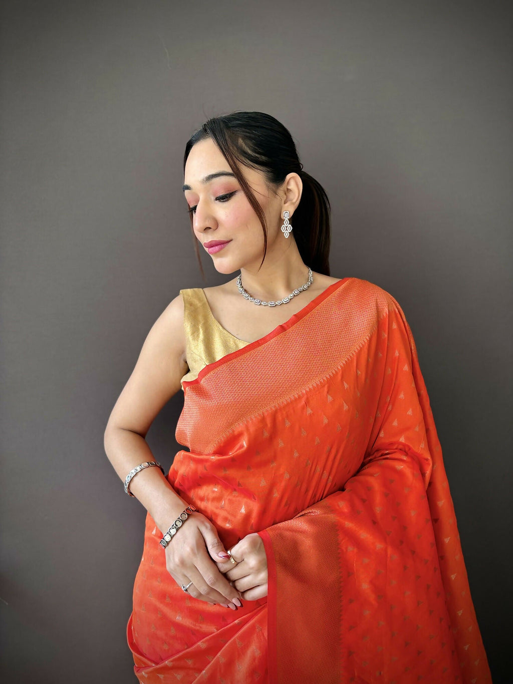 Orange Jacquard Butti Soft Lichi Silk Paithani Saree
