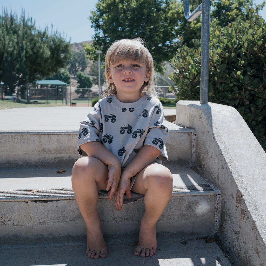 Monster Truck French Terry Short Set for Kids - Light Grey Charcoal