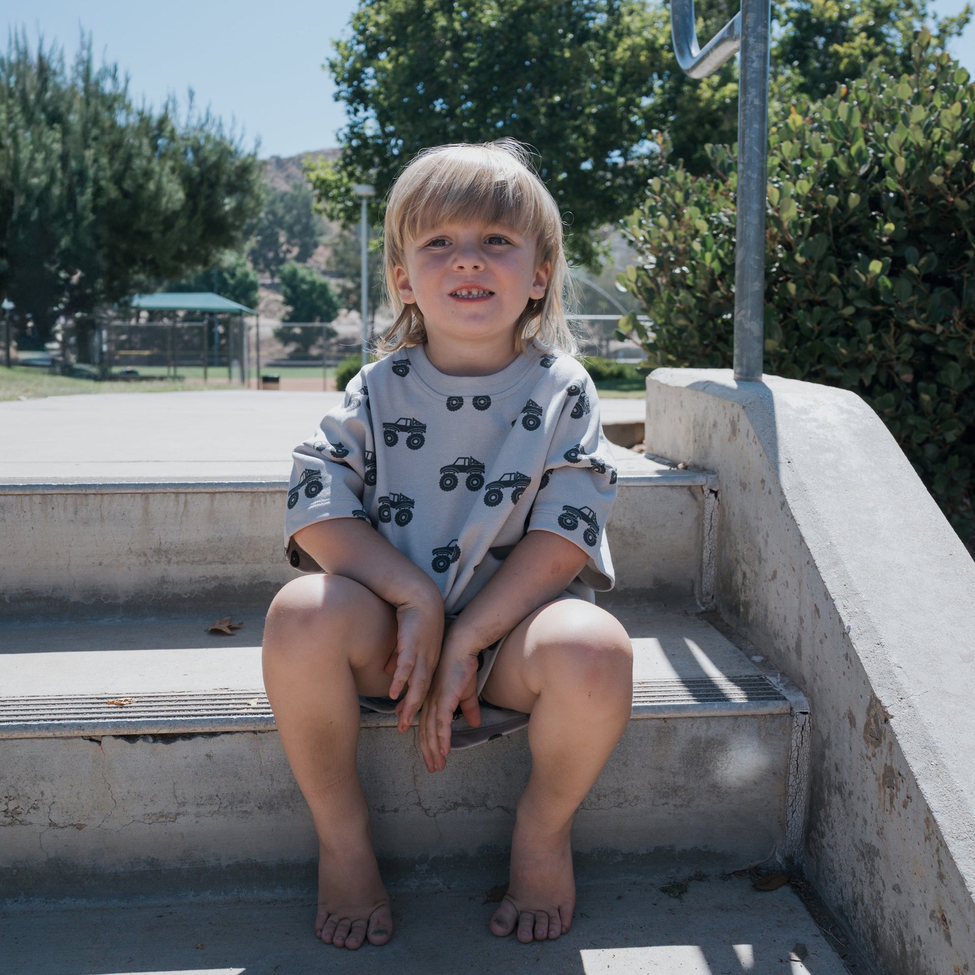 Monster Truck French Terry Short Set for Kids - Light Grey Charcoal