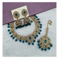 Teal blue stone necklace set with matching earrings, perfect for festive wear.