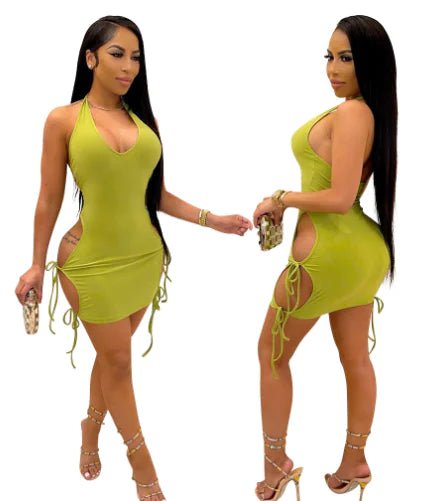 Women's Backless Halter Mini Dress with Side Drawstring Ties - Image 3