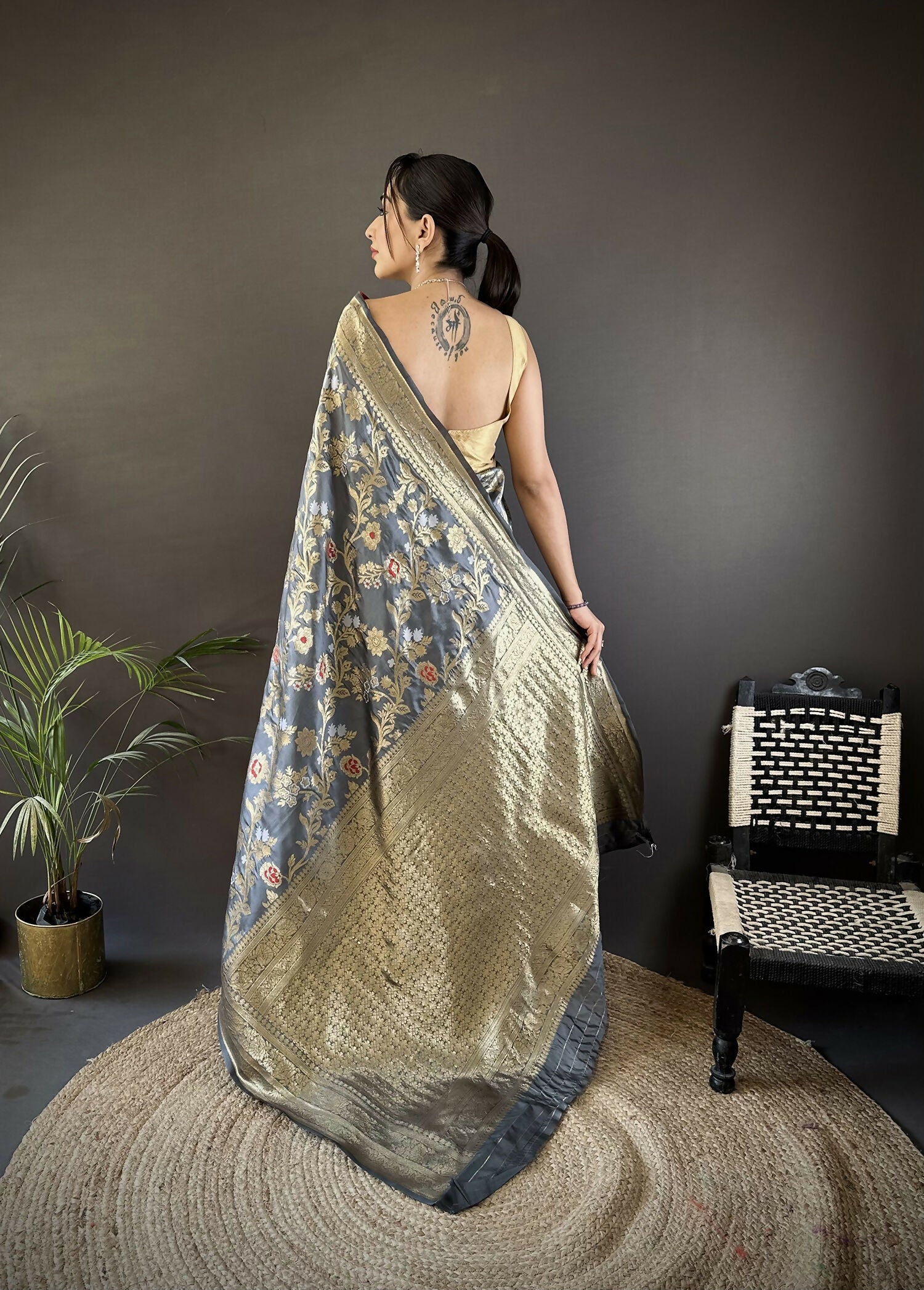 Grey Soft Silk Meenakari Banarasi Saree with Floral Motifs