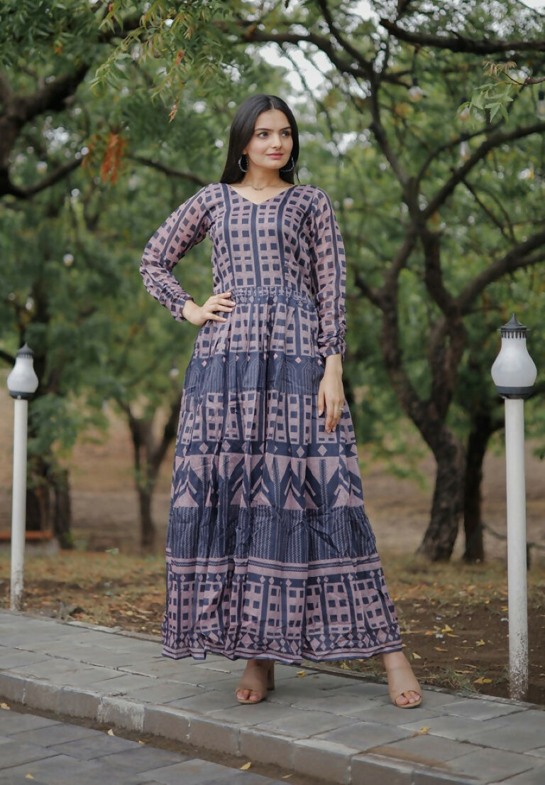 Women's Navy Blue Pure Chanderi Digital Print Anarkali Dress