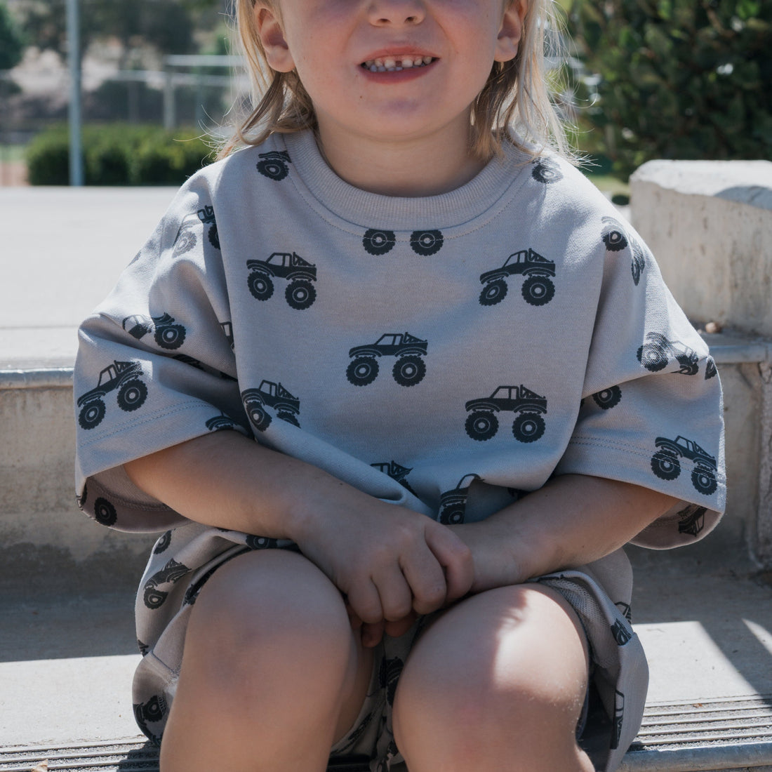 Monster Truck French Terry Short Set for Kids - Light Grey Charcoal