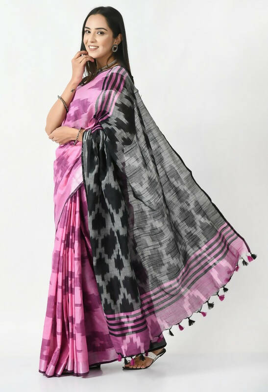Pink and Black Bhagalpuri Handloom Ikat Pure Cotton Saree