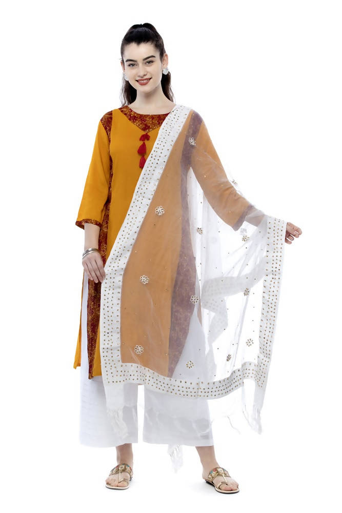 White organza cotton dupatta with intricate nugget embroidery.