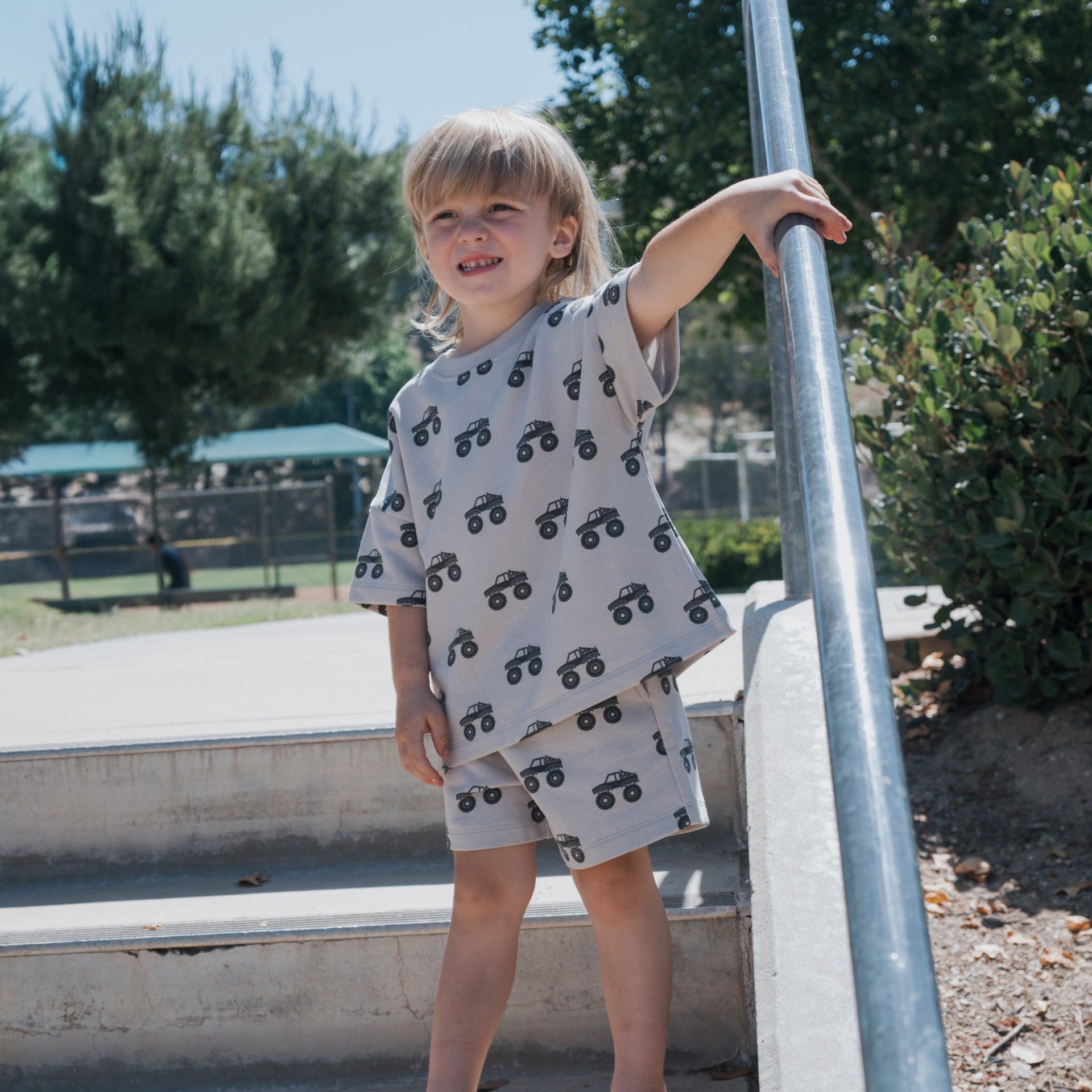 Monster Truck French Terry Short Set for Kids - Light Grey Charcoal