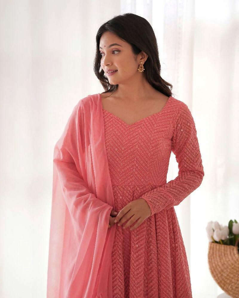 Peach Kurta Set with Georgette Sequin Embroidery Work (3-Piece)