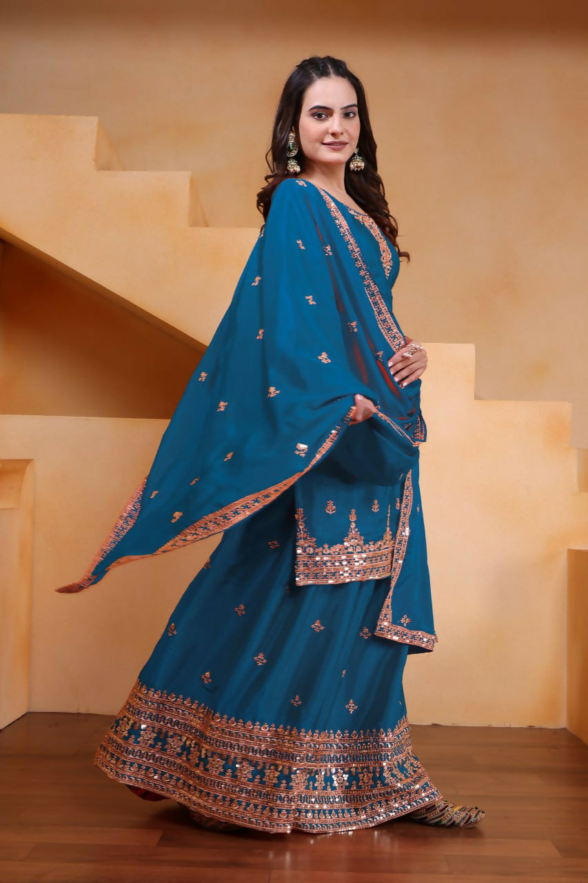Teal Silk Embroidered Sharara Set with Intricate Kurti Detailing