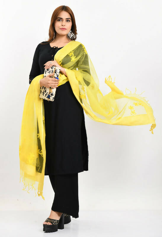 Lemon Yellow Organza Dupatta with All Over Chikan Embroidery