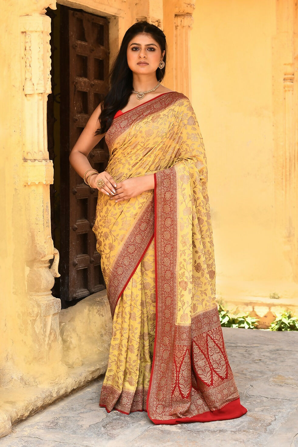 Bright Yellow Crepe Chiffon Pure Handloom Banarasi Silk Saree