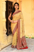 Bright Yellow Crepe Chiffon Pure Handloom Banarasi Silk Saree