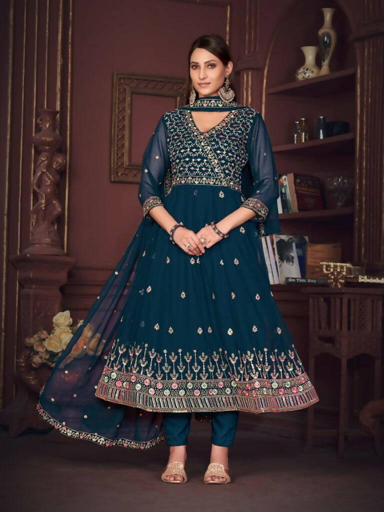 Women's Rama Georgette Floral Embroidered Anarkali Kurta Set