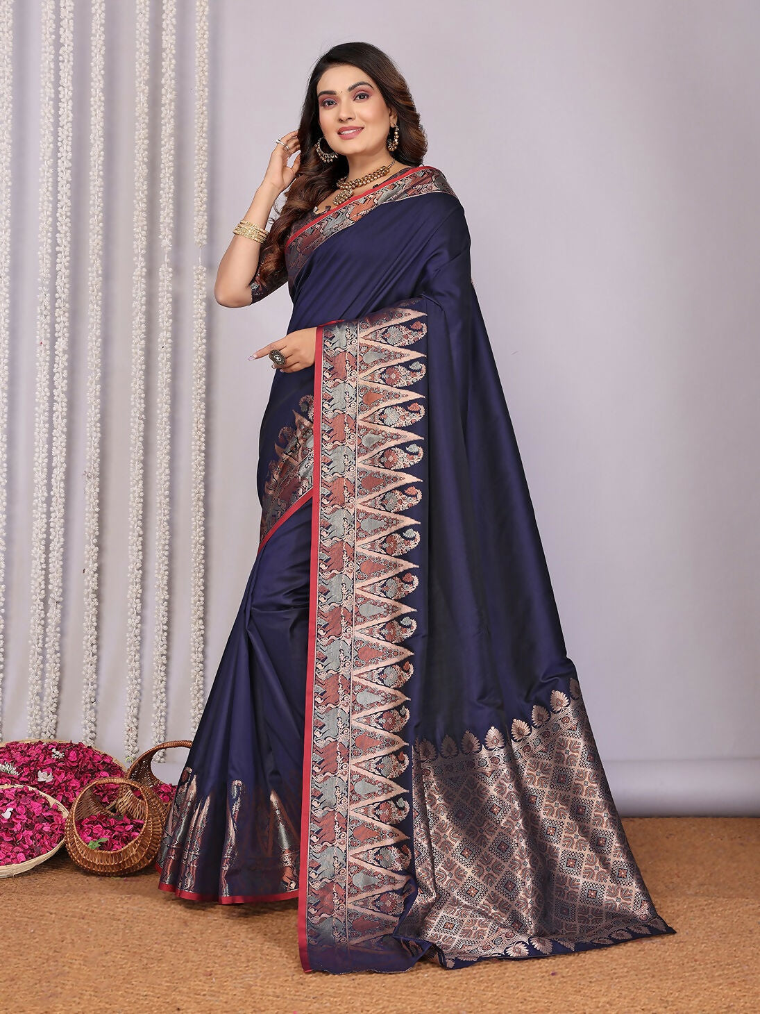 Navy Blue Banarasi Jacquard Woven Soft Silk Saree