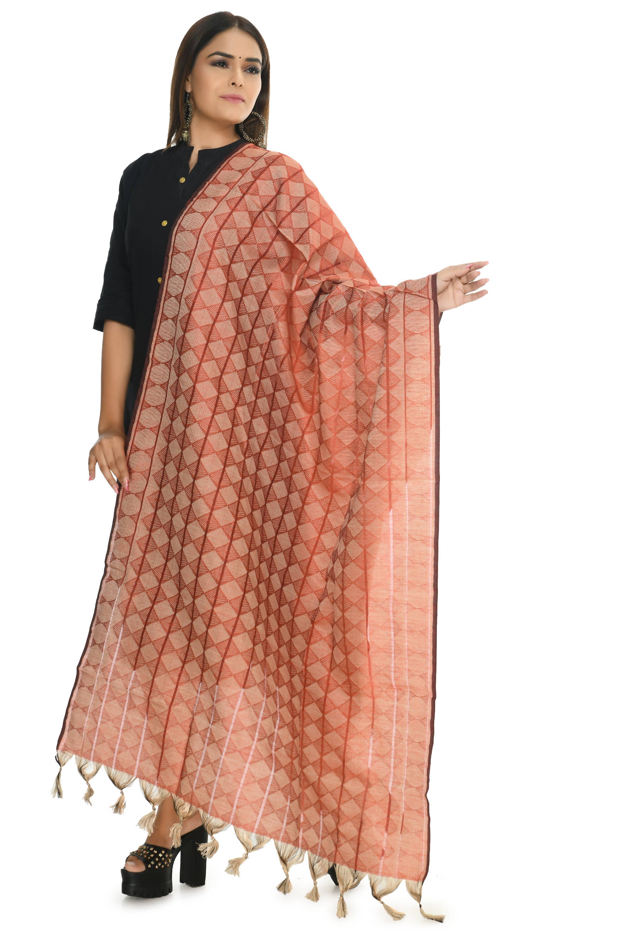 Red Handloom Cotton Dupatta - Traditional Ethnic Scarf