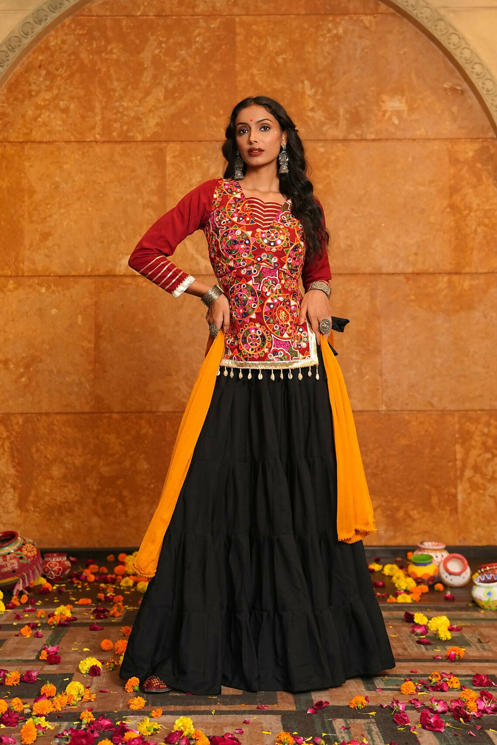 Black Crepe Designer Navratri Lehenga Choli with Red & Yellow