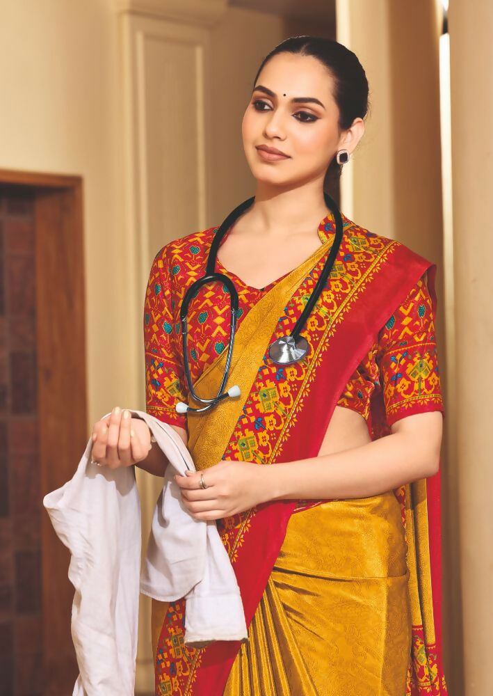 Yellow Crepe Silk Saree with Traditional Print for Party Wear