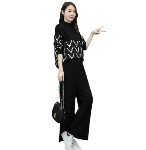 Women's Black Geometric Pattern Knit Two-Piece Sweater Set - Image 6