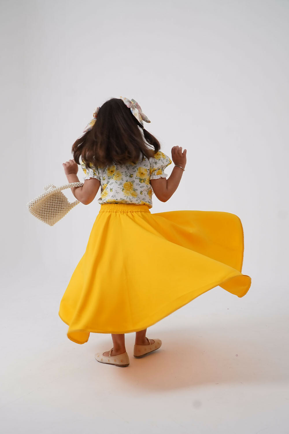 Girls Floral Puff Sleeve Top and High-Low Flared Skirt Set
