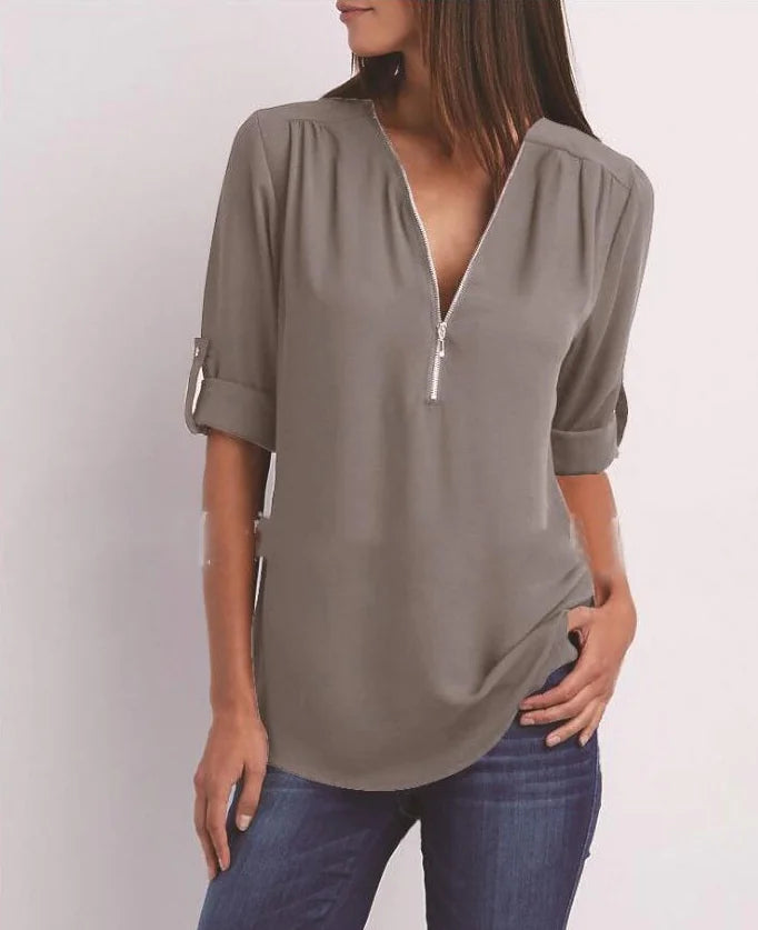 Women's Plus Size V-Neck Zip Chiffon Shirt