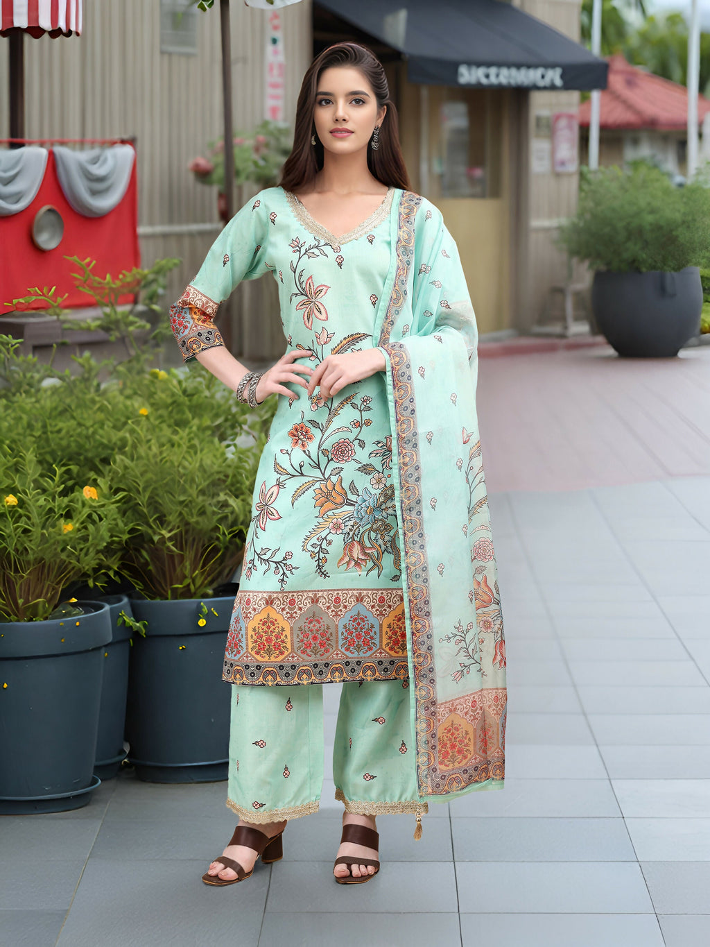 Sky blue linen kurta set with digital print and gold foil detailing.