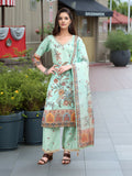 Sky blue linen kurta set with digital print and gold foil detailing.