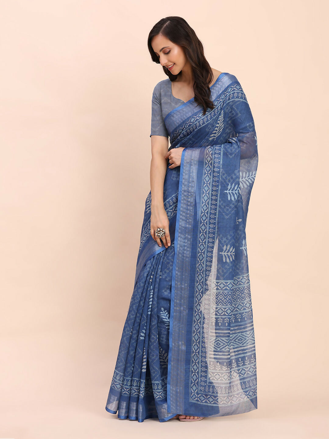 Elegant Indigo Blue Linen Cotton Saree with Matching Blouse