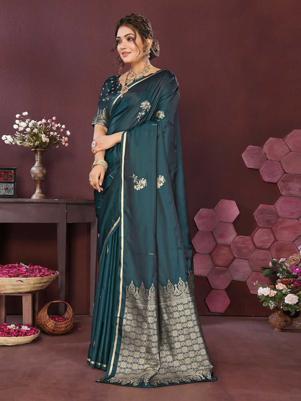 Teal Floral Satin Silk Saree with Unstitched Blouse