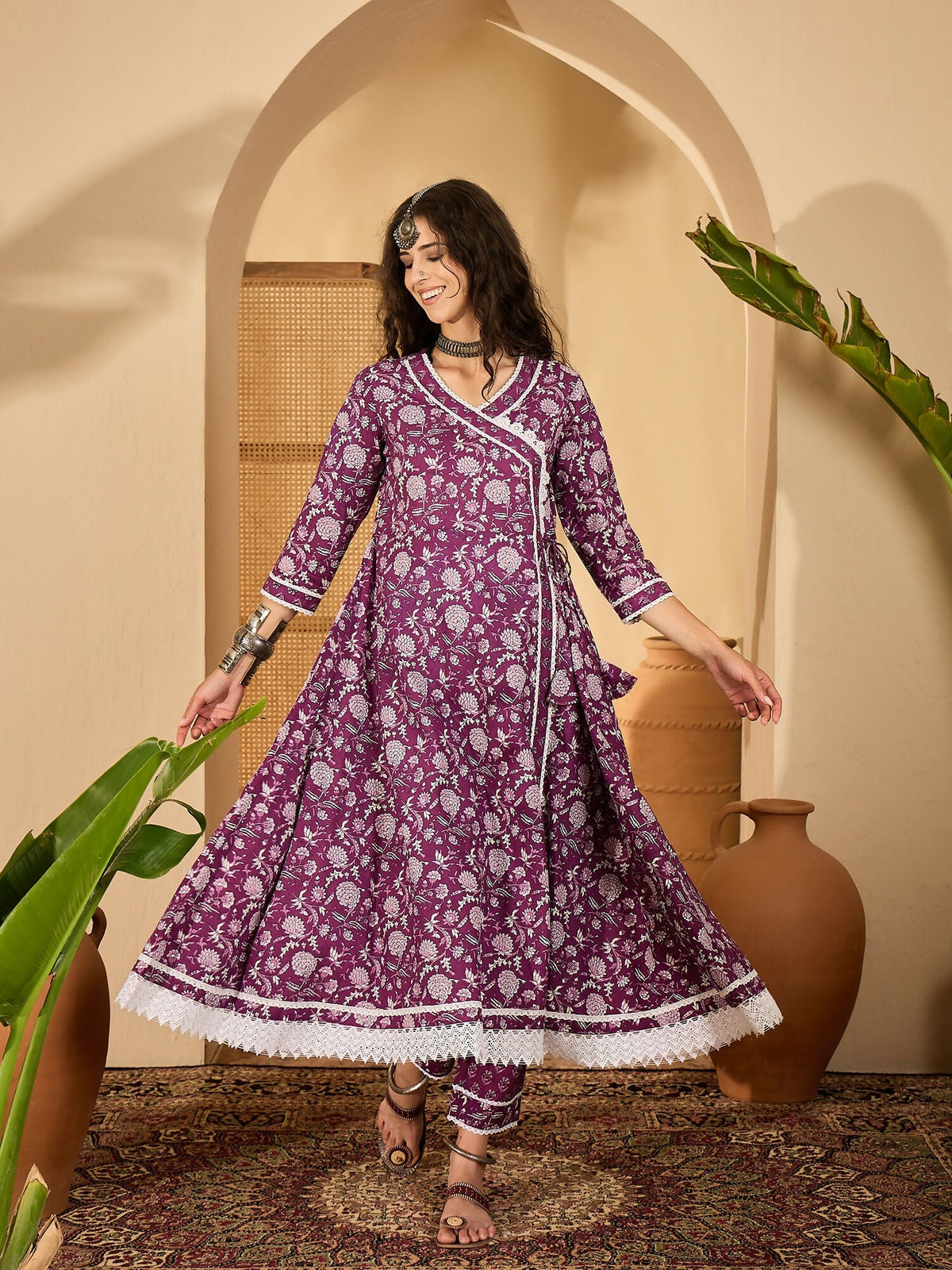 Purple Printed Pure Cotton Kurta Set for Women - Ethnic Wear