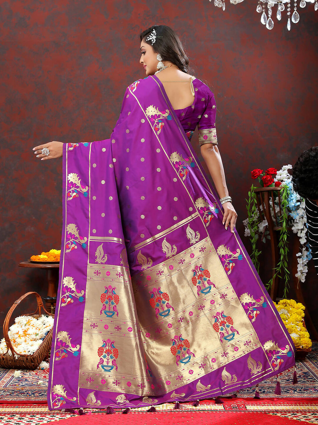 Wine Soft Paithani Silk Saree with Gold Zari Meenakari Weaving