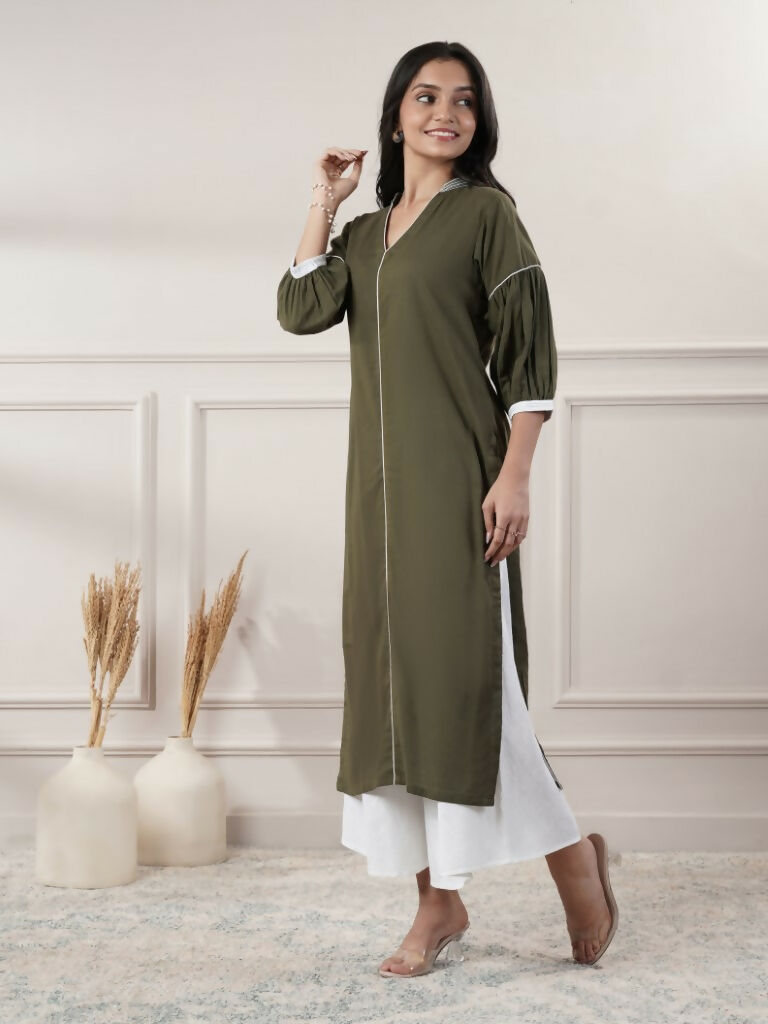 Women's Khaki V-Neck Calf-Length Casual Dress
