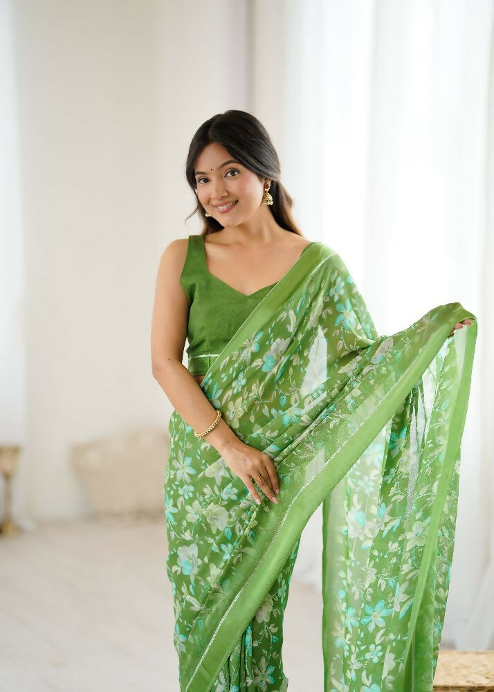 PR Fashion Green Bright Moss Satin Patta Printed Saree