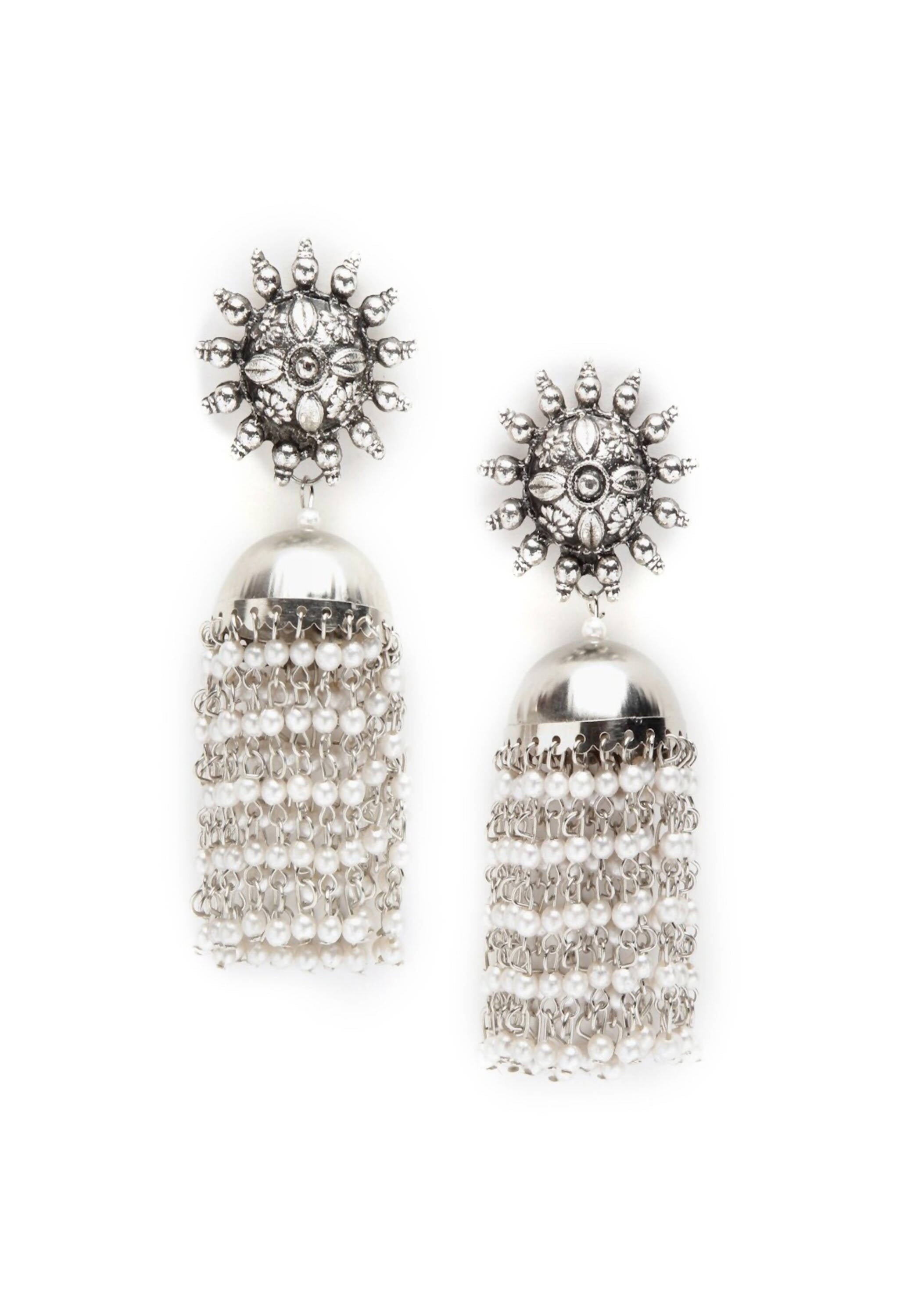 Silver-plated Jhumka earrings with elegant pearl details for ethnic wear