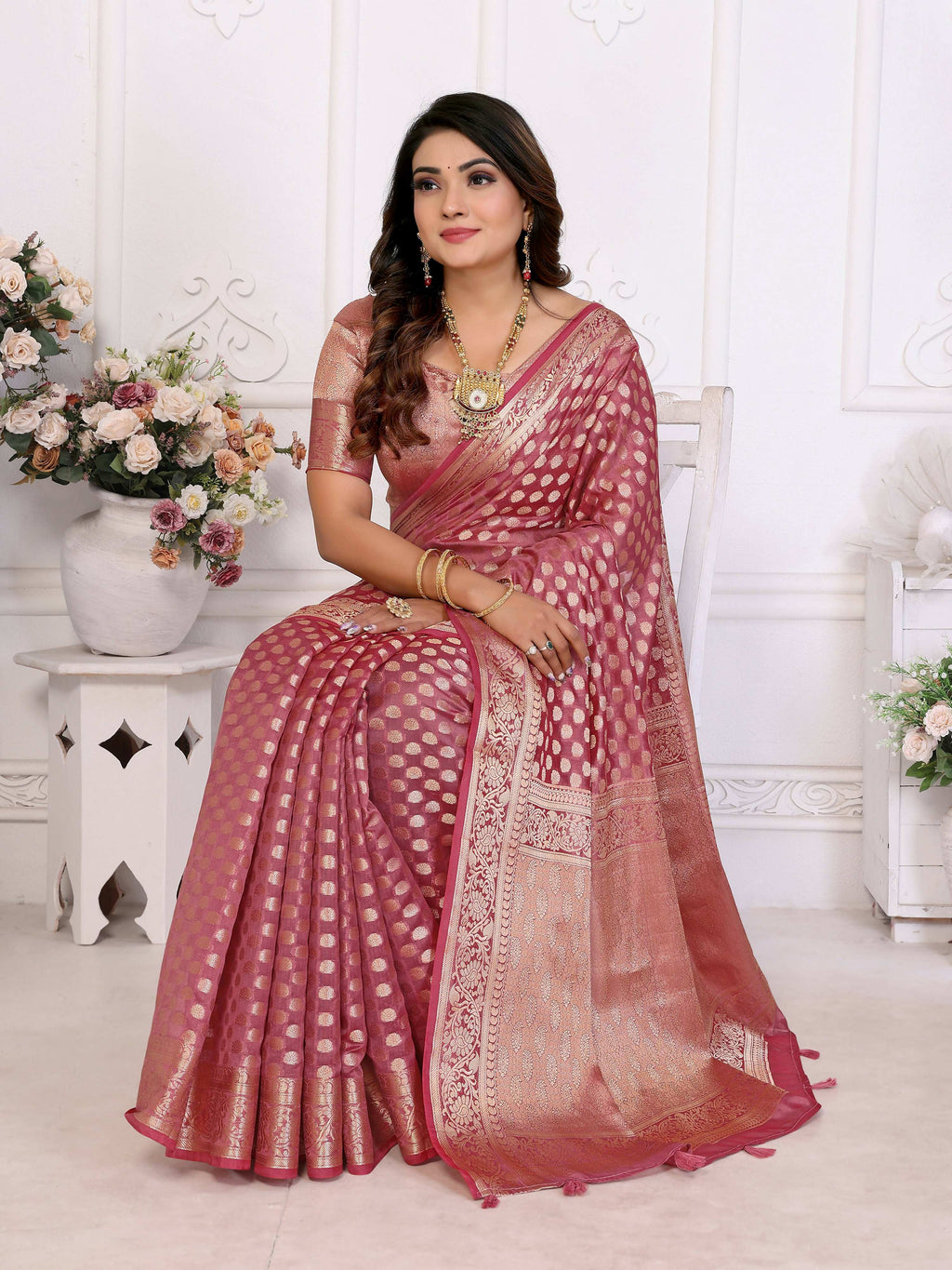 Light Pink Organza Silk Weaving Saree