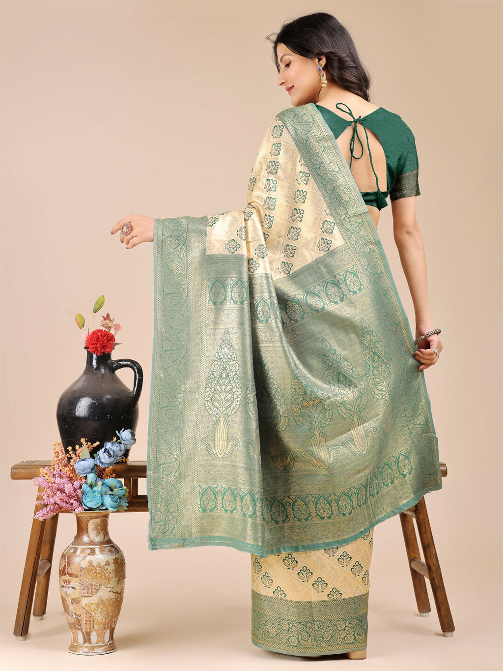 Cream and Green Aura Silk Banarasi Saree with Matching Blouse