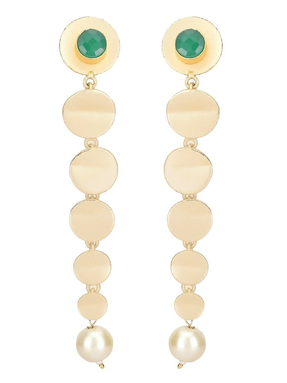 Long Pattern Matte Gold Earrings with Green Stone Accents