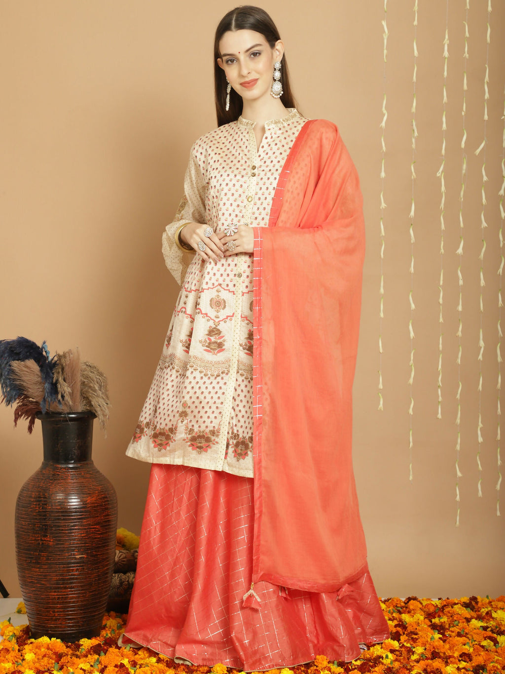 Cream Chanderi Silk A-Line kurta with Jardoshi embroidery and palazzo pants