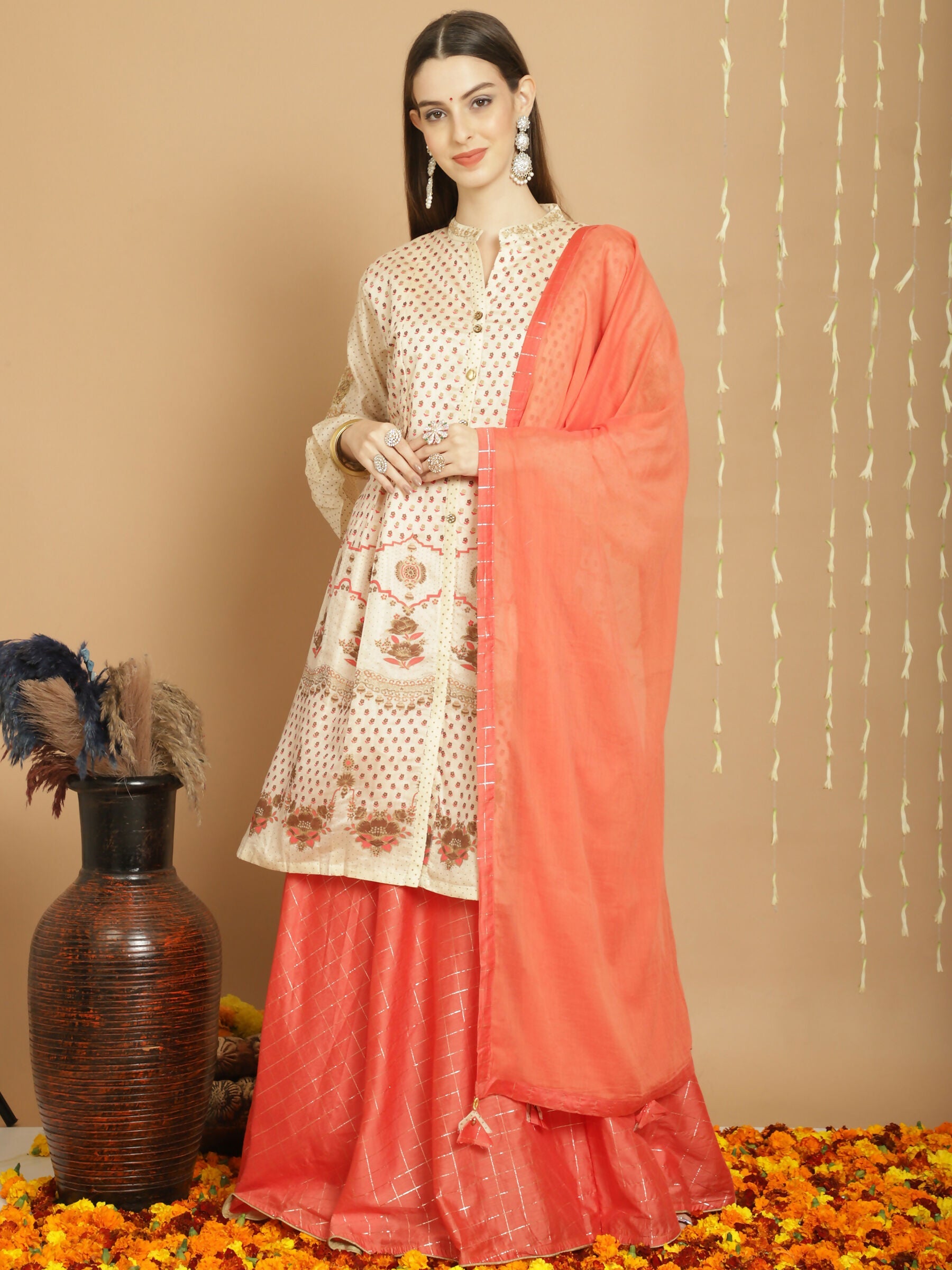 Cream Chanderi Silk A-Line kurta with Jardoshi embroidery and palazzo pants