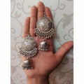 Round silver ethnic hook earrings with hanging Jhumka detail